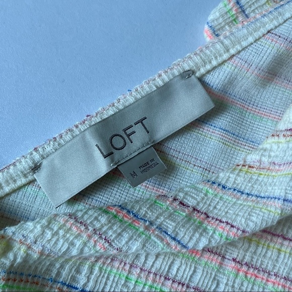 LOFT Bow Strap Button Front Linen Stripes Flounce Dress Ivory Multi-Color Medium - Picture 12 of 14